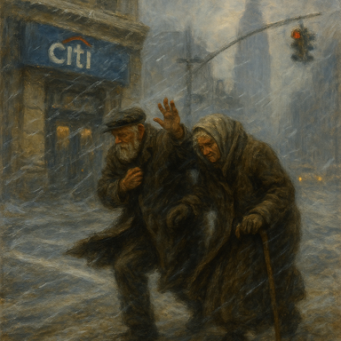 Create a painting set in New York City featuring a Citibank building at a busy intersection. Depict a frail elderly couple, both around 90 years old, standing under a strong winter wind at the crossroad. The atmosphere should evoke vulnerability, urban isolation, and quiet resilience. No text.