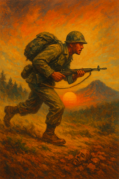 Painting of Soldier with backpack and rifle in front arms on running for training