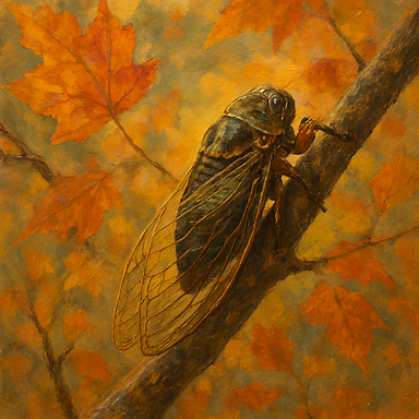 Painting of an autumn cicada. Depict the warm hues of fall leaves surrounding the cicada, with a serene and nostalgic atmosphere that captures the essence of autumn.