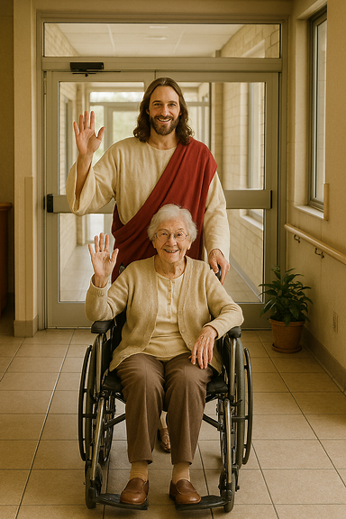 Resurrected Jesus behind a wheelchair of an old lady in the nursing home entrance waving their hands