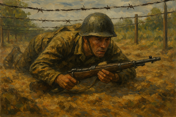 Painting of a soldier crawling under barbed wire in a boot camp. Depict the intensity of training, the rugged terrain, and the determination in the soldier's expression.