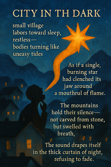 Create a visual interpretation of the poem "City in the Dark" with its haunting beauty and metaphorical depth.