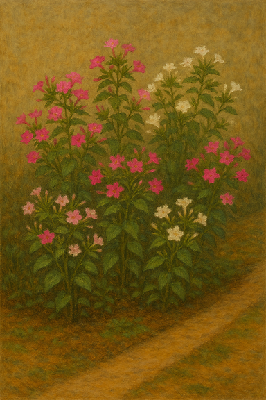 A flower bed filled with Four O'Clock flowers (Mirabilis jalapa), blooming in vibrant pink, magenta, and yellow hues. The scene is set in late afternoon light, with soft shadows and a peaceful garden atmosphere. No text.