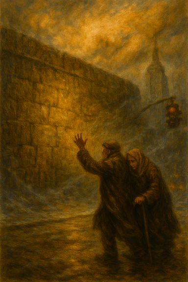 Create a painting inspired by the poem 'The Center of History' by TaeHun Yoon. The image should depict a towering wall, an echoing cry, fleeting heat, and a sense of compressed irrelevance. Include symbolic elements like a grave already prepared, a river of regret, and clay and muddy water representing divine waiting. The atmosphere should be solemn, introspective, and timeless. No text.