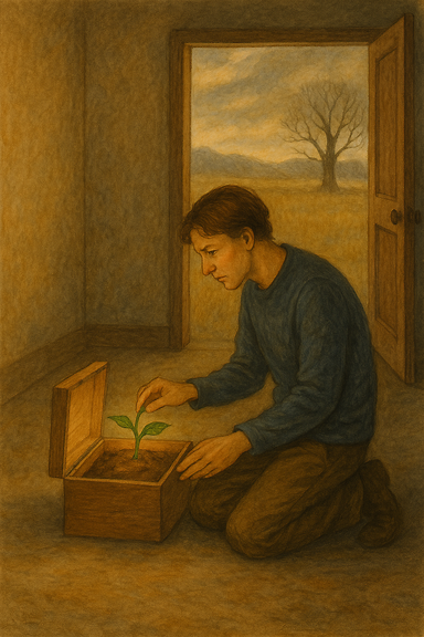 A poetic illustration inspired by the Korean poem: A quiet room like a box, dreams nestled between ancient trees and thunderous fields, a shriveled box holding fragile dreams, yellow leaves crushed by winter's return, and a hopeful wait for spring among sap-gathering trees. No text. Emphasize background and character expression.