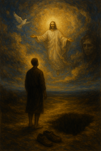 Create a painting inspired by the poem: Heaven Hymn

The wind once fled into seas, into stars, into the hidden core of things—yet it returned as an echo of mercy, pressing into me, calling me home.

The sky lifted me on wings of faith, like a dove rising toward promise.

And I said: “I will not trade the earth for sorrow, nor buy a heaven with decay. For the true Heaven is already mine—purchased with love, sealed with grace.”

Now the heavens sing: no debt remains, no shadow can spoil, for Christ has opened the sky, and written my name in everlasting light.