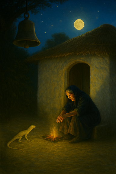 Create a brighter photo-style image inspired by the poem: The bell breathes softly—as if its sound were born from the lungs of the stars. Night folds its hands around the slow pulse of things, and I, too, am gathered into stillness. A yellow lizard rests at the doorway, its silence more radiant than the moon. The old woman’s hands tremble, laying sorrow like offerings upon the fire. O heart, learn from her—to burn without anger, to shine without demand. Even in weariness, the world whispers: rise gently. Joy waits not in pursuit, but in the quiet consent of being. Dream tenderly, for every awakening is another birth.