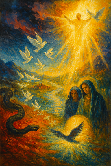 A symbolic painting inspired by the poem 'The Suffering and the Rising.' In the foreground, a black serpent lies coiled with a glowing golden band around its neck, symbolizing rebirth. The surrounding desert is still and scorched. The middle ground shows a blood-red field and a city shrouded in smoke and shadow. Bodies lie in the dust, and a trumpet floats in the air, glowing faintly. Above, the sky trembles with white light, and crows transform into white birds flying toward a golden river. Beneath the river, two ethereal mother figures stand—formed of light and memory. In the distance, mountains melt into fire, and a rooster cries at dawn. The scene shifts to brightness: people rise, wings spread across the sky, and a single bird ascends into a beam of light. The atmosphere evokes suffering, resurrection, and divine renewal.