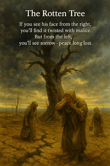 A single tree standing in a barren field, its trunk cracked and rotting. From the right side, its face shows malice; from the left, sorrow. Around it, men, women, and children scatter across a harvested field, carrying sacks and buckets. One figure in sackcloth with ashes on their head beats their chest in lament. The earth beneath begins to split, as if swallowing sorrow and hunger. Above, the sky is heavy, and a sense of reckoning fills the air.