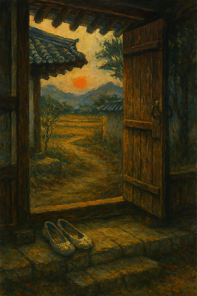 A poetic Korean landscape painting inspired by 'The Road of Returning' — worn shoes at a hanok threshold, wind moving through a quiet courtyard, thawed rice fields stretching into the distance, a crimson sun rising over misty mountains, red sails on green boats drifting across a lake, and a solitary figure standing in reflection. The mood is nostalgic, spiritual, and tender.