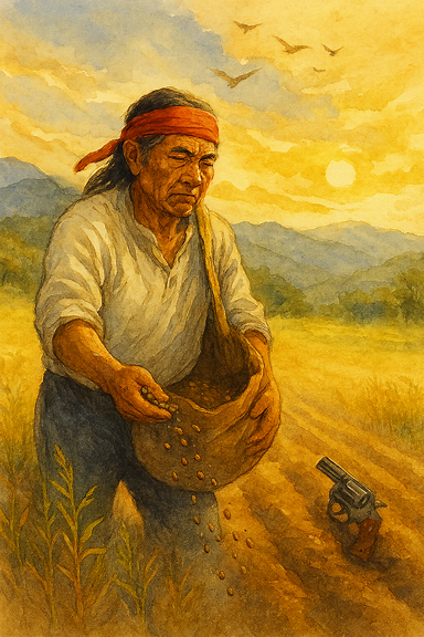 A symbolic illustration of sowing seeds of the Gospel: a wide barren land turning into fields of light. In the foreground, hands gently scatter seeds that glow like small stars. In the background, a village with humble homes and a church rises, while dark weeds and thorns fade away. Above, the sky opens with radiant light, symbolizing hope and eternal life. Contrast between death’s valley and life’s flourishing field is shown side by side. No text or lettering in the image.