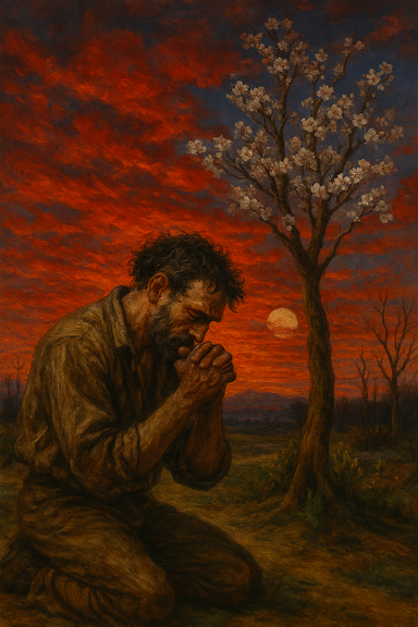 A symbolic and emotional painting inspired by the poem 'In the Evening' — a twilight landscape where a crimson sky fades into pale blue at the eastern horizon. A flowering tree stands in the foreground, its blossoms glowing faintly in the dimming light. Nearby, a shadowy figure kneels beside a trough, half-emerged, as if awakening from despair. In the distance, a large, silent moon rises over a barren field. The atmosphere is heavy with sorrow and longing, yet touched by the quiet presence of hope and transcendence. The style is impressionistic with surreal undertones, using deep reds, blues, and muted earth tones.