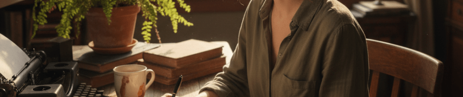 Woman writing in a journal at a wooden desk with a typewriter and window view.