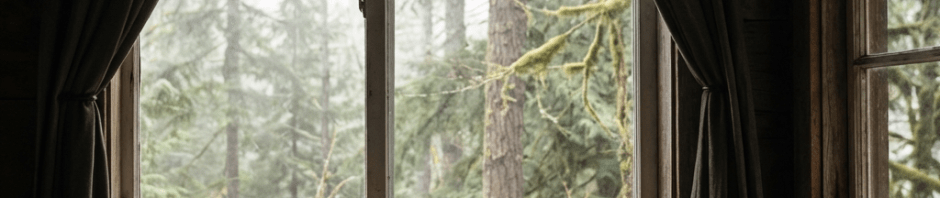 Cabin window overlooking misty forest with books and text GROW THROUGH WHAT YOU GO THROUGH.
