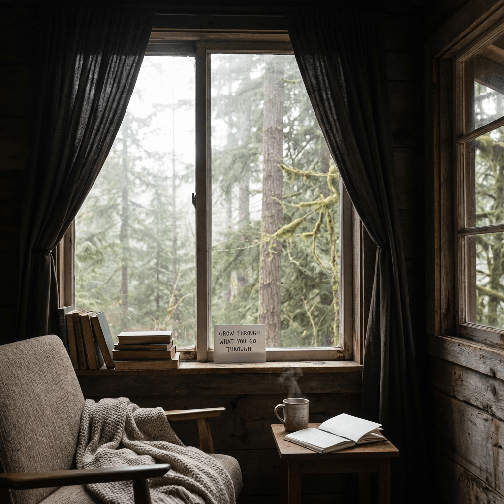 Current image: Cabin window overlooking misty forest with books and text GROW THROUGH WHAT YOU GO THROUGH.