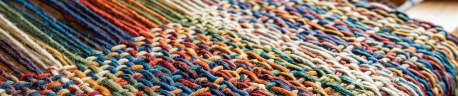 Multicolored wool yarn woven on wooden loom for fabric making