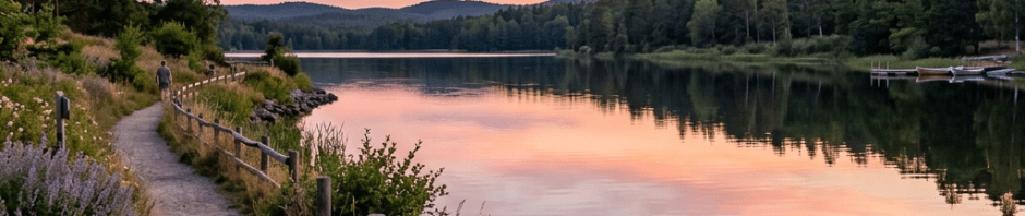 A lakeside walking path surrounded by greenery with calm water reflecting sunset colors