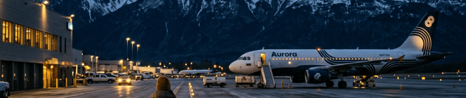 Person walking with suitcase on airport tarmac toward Aurora airplane at sunset near snow-covered mountains