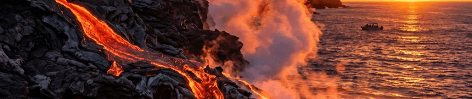 Bright orange lava flowing into ocean with steam rising at sunset