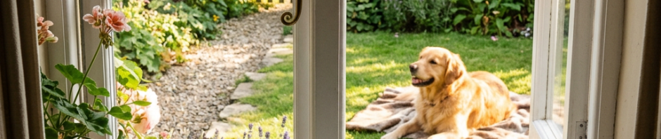Open journal with handwritten notes and a pen on a wooden windowsill, overlooking a garden with flowering plants and a golden retriever lying on a blanket.