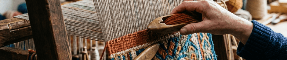 Hands weaving detailed colorful tapestry with wooden loom and yarn