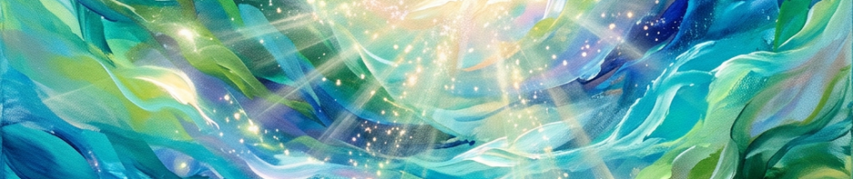 Swirling blue and green abstract shapes with bright glowing light spots