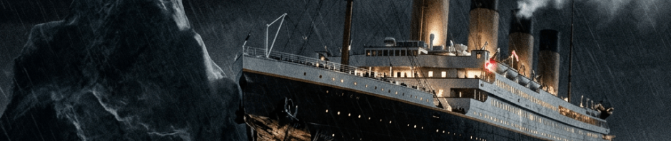 Titanic ship crashing into an iceberg during a stormy night with rough seas