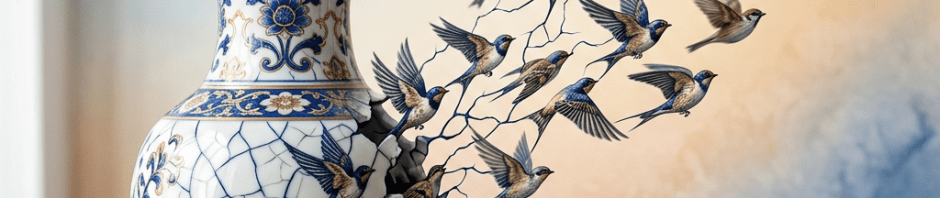 Porcelain vase breaking apart with birds flying out from the cracks