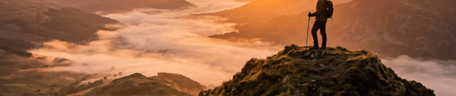 Hiker standing on mountain ridge overlooking mist-filled valley at sunset