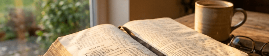 Open Bible on a wooden table with coffee mug and reading glasses by a window