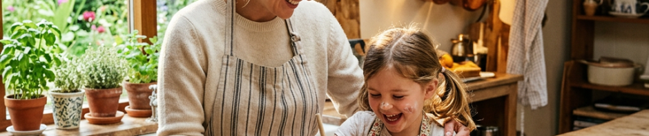Mother and daughter mixing batter in a bowl in a warm kitchen