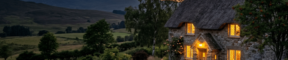 Stone cottage with glowing windows and thatched roof at sunset in countryside