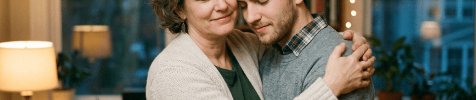 Middle-aged woman and young man hugging each other warmly in a living room.