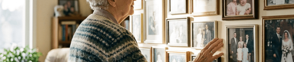Elderly woman in sweater looking at framed family photos on a wall