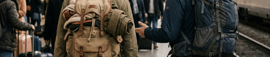 Two men traveling with bags, one overflowing
