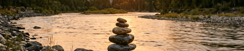 Riverside stacked stones at golden sunset