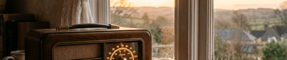 Vintage wooden radio and worn Holy Bible on wooden windowsill