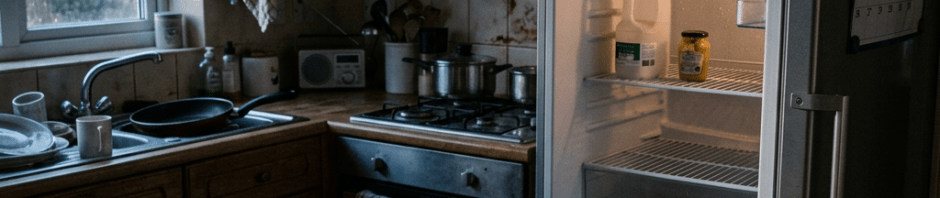 Dim kitchen with open nearly empty fridge, unpaid utility bill, keys, and half-full coffee cup on wooden table