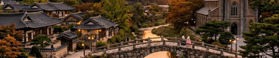 Stone arch bridge over river with boat, traditional Korean houses, and church at sunset