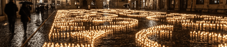 Hundreds of candles in wet square at night
