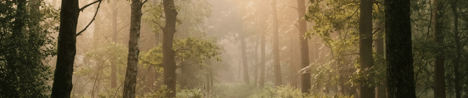 Forest path surrounded by trees and greenery with sunlight filtering through