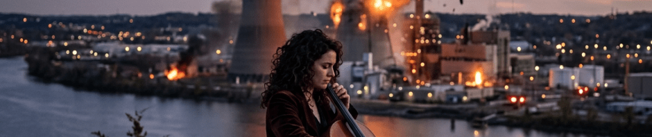 Person playing cello outdoors near river with factory towers on fire and exploding
