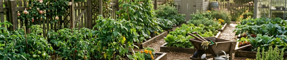 Raised vegetable beds with leafy greens, tomatoes, flowers, wheelbarrow, watering can, shed, and garden arch