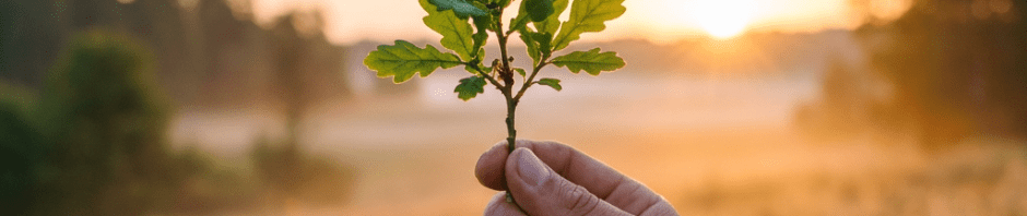 Hand holding a small oak branch with green leaves in a grassy field at sunrise