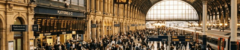 Busy train station concourse with many people walking and waiting near platforms under large glass and steel arched roof