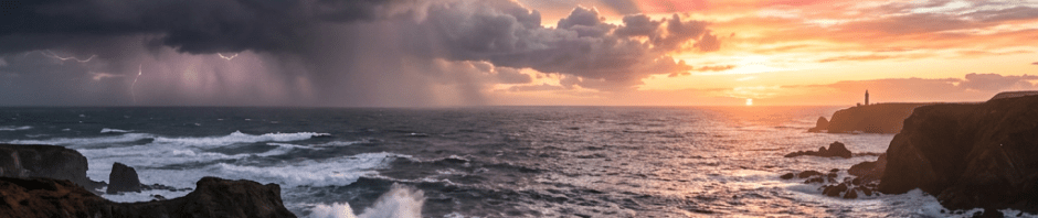Rocky coastline with crashing waves, dark storm clouds, lightning, and a colorful sunset