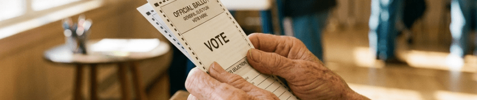 Elderly person holding official paper ballots in a polling station with other voters in background