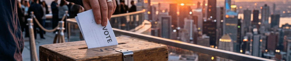 Hand placing a voting paper into a wooden ballot box with city skyline in background