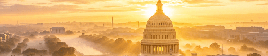 United States Capitol with sunrise rays and foggy morning in Washington D.C.
