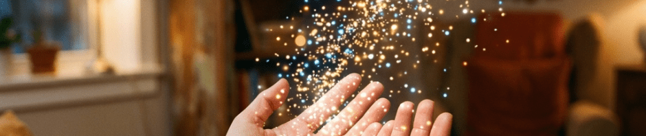 Hands with glowing blue and gold magical particles floating above